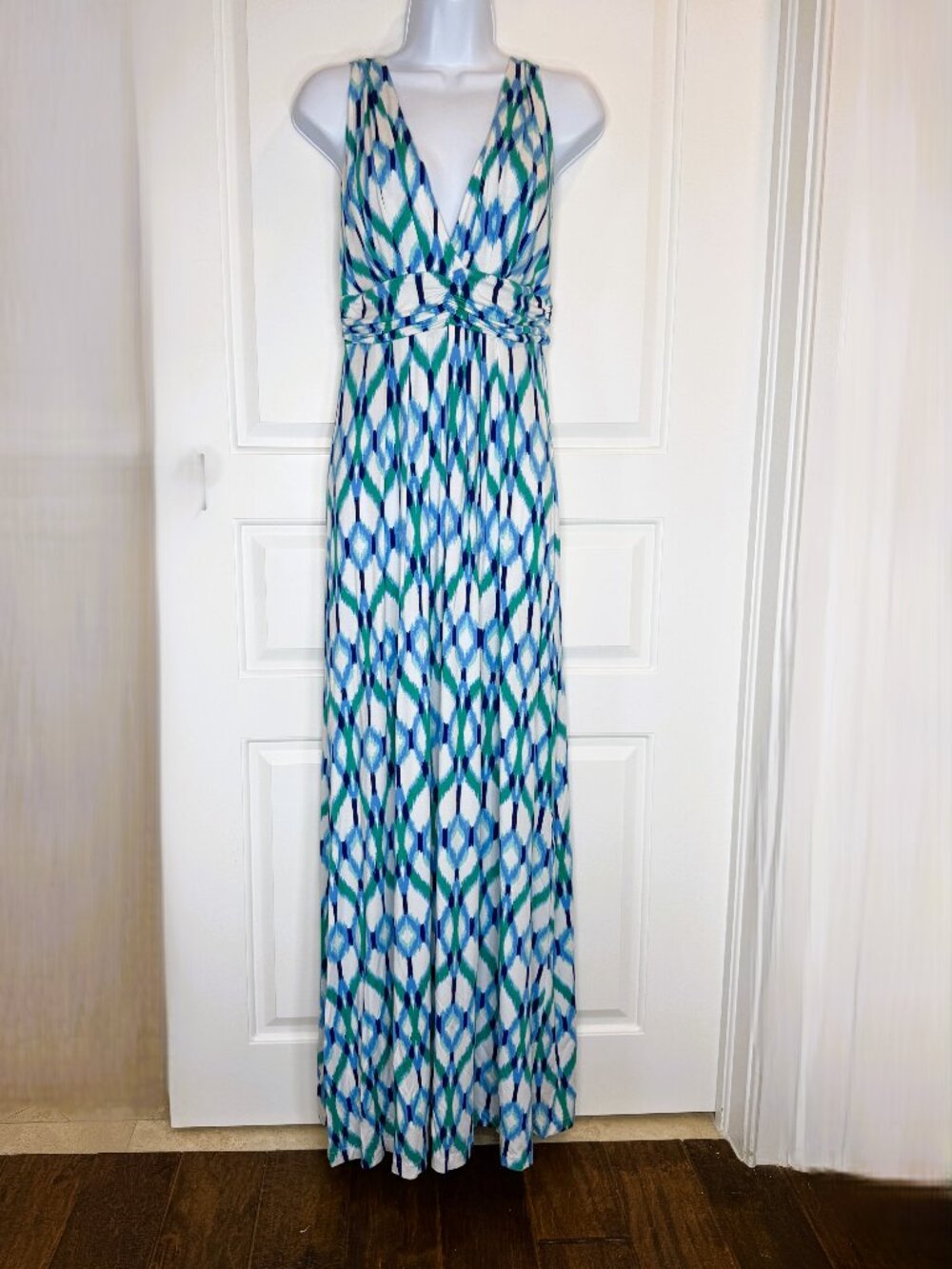 TART Blue Green Ikat Print Plunge V Neck Maxi Dress Size Medium - Picture 3 of 15